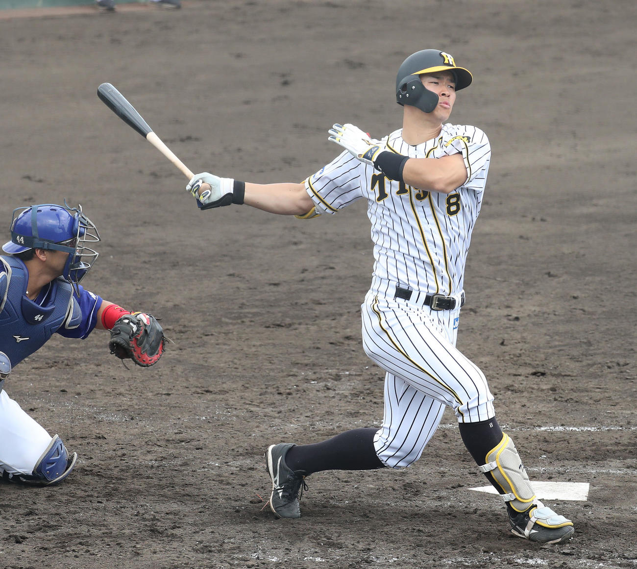 4回裏阪神1死二、三塁、佐藤輝明は空振り三振に倒れる（代表撮影）