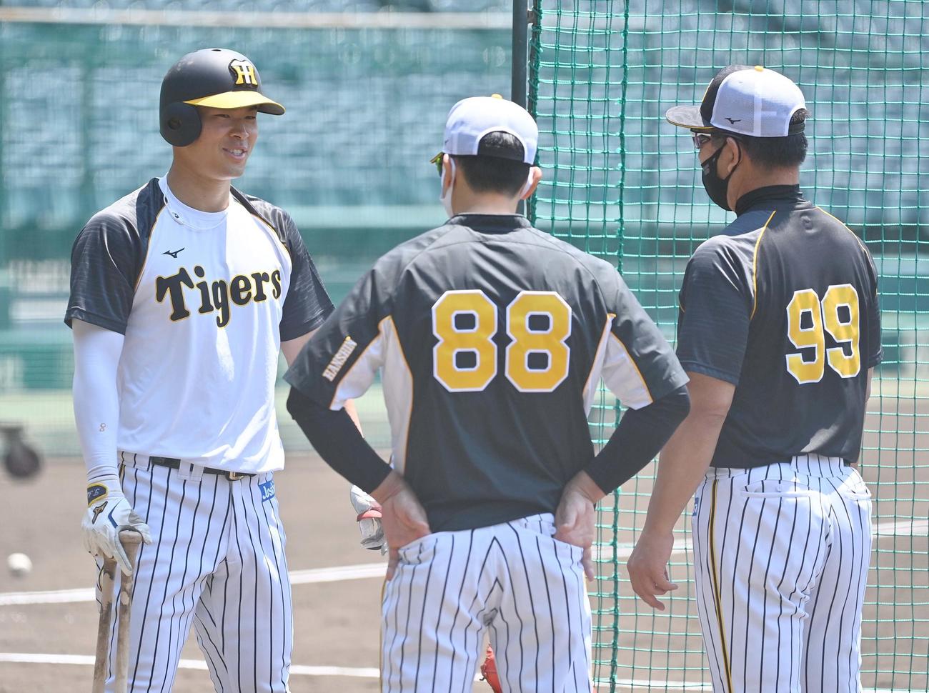 矢野監督（中央）や井上ヘッドコーチ（右）と話す佐藤輝（撮影・上田博志）