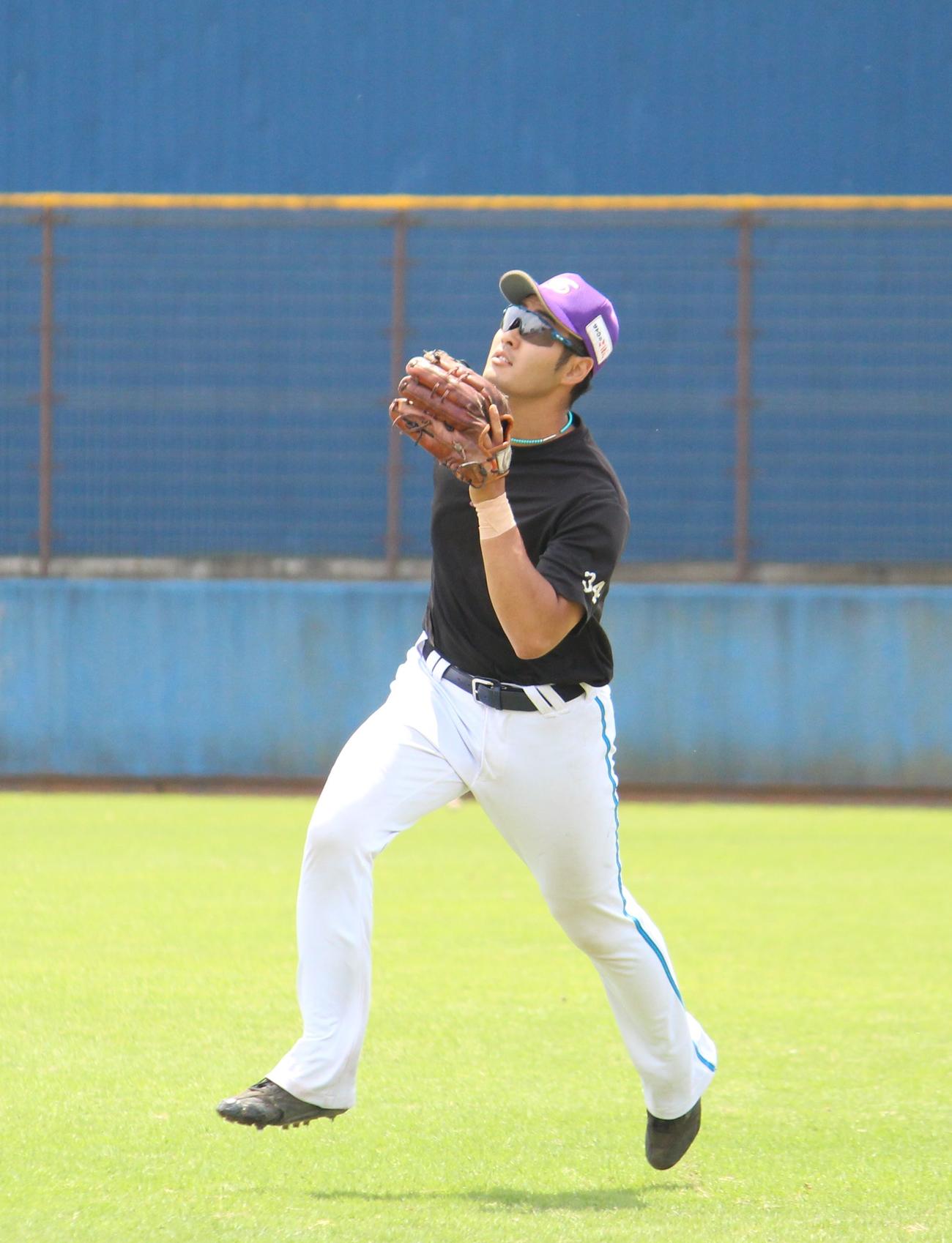 外野でノックを受けるBC神奈川・杉浦（撮影・保坂恭子）