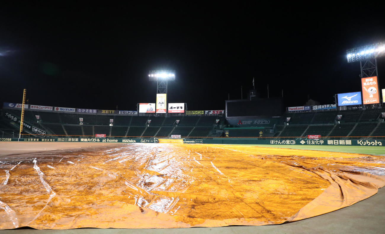 阪神対ロッテ　明日のロッテ戦へ向け雨予報の甲子園ではすでにグラウンドにシートが掛けられ始めています（撮影・加藤哉）