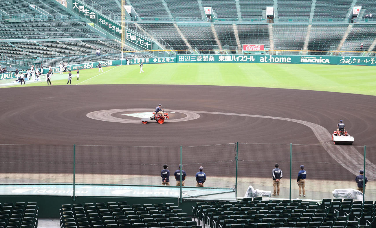 阪神対ロッテ　16時の甲子園、試合に向け着々と整備が進む（撮影・清水貴仁）