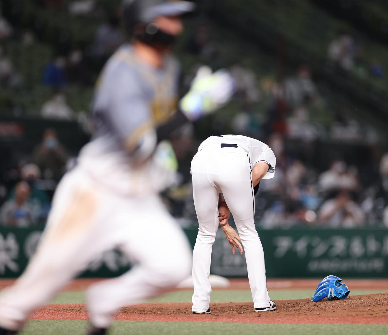 6回表阪神無死、近本のピッチャー返しを左手首に当て痛がる今井（撮影・清水貴仁）