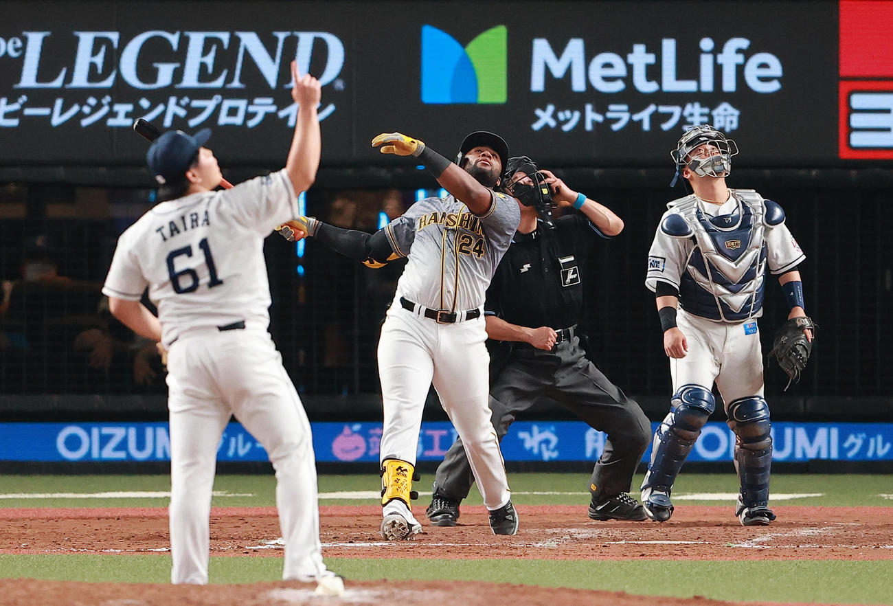 西武対阪神　9回表阪神2死二塁、左邪飛に倒れるロハス。投手平良（撮影・野上伸悟）