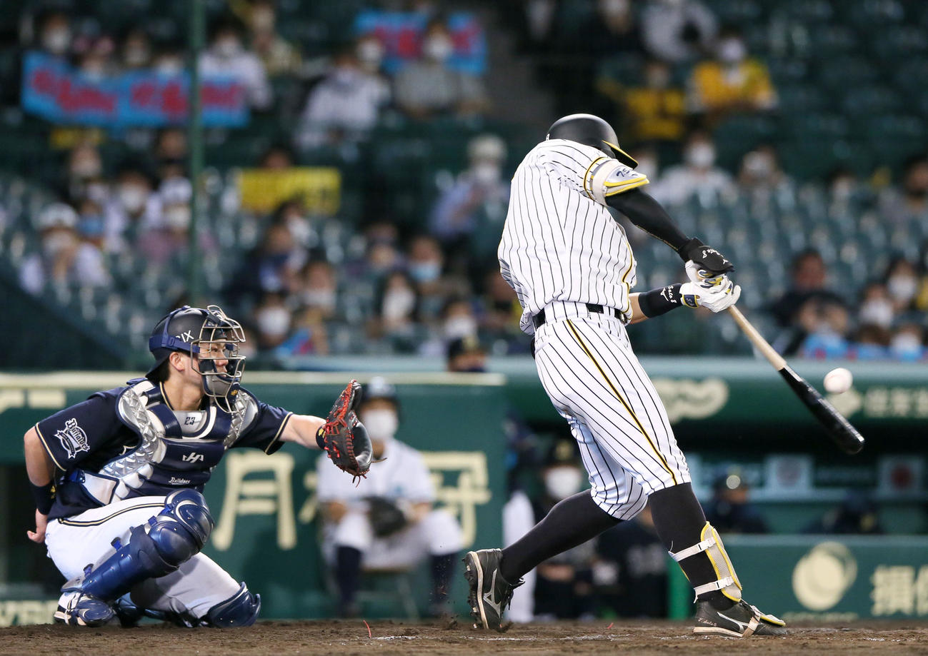 阪神対オリックス　8回裏阪神1死、佐藤輝は右前打を放つ（撮影・上山淳一）