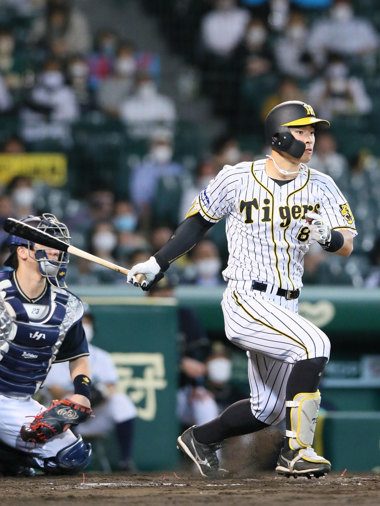 阪神対オリックス　6回裏阪神1死一塁、佐藤輝明はオリックス能見から右前打を放つ（撮影・上山淳一）