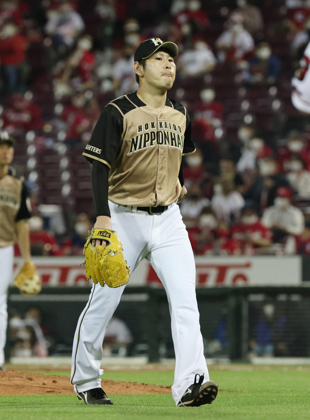 広島対日本ハム　6回に捕まった日本ハム先発の加藤。2失点でベンチに戻る（撮影・加藤孝規）