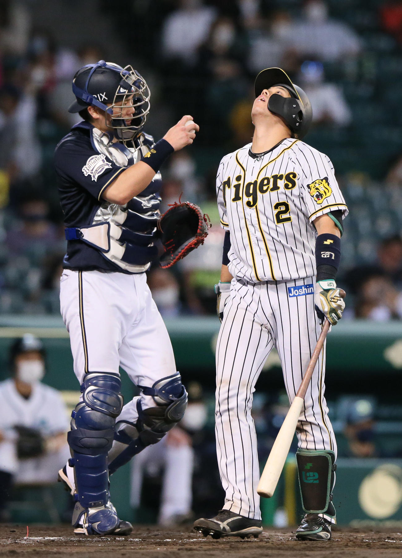 阪神対オリックス　6回裏阪神無死一、二塁、梅野は能見から三振に終わり天をあおぐ（撮影・上山淳一）