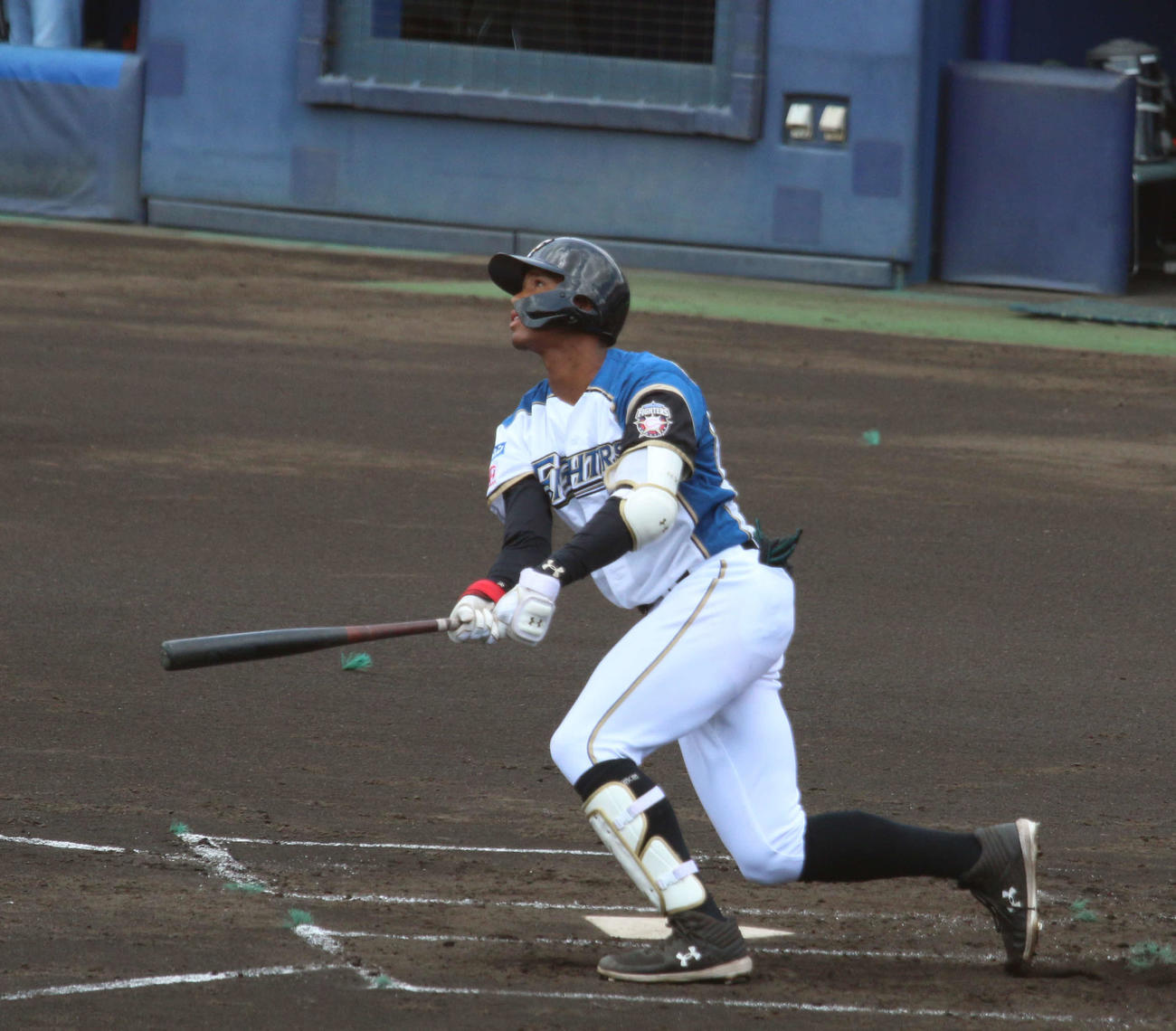 日本ハム対巨人　1回裏日本ハム1死三塁、左中間へ8号2ランを放った万波（撮影・木下大輔）