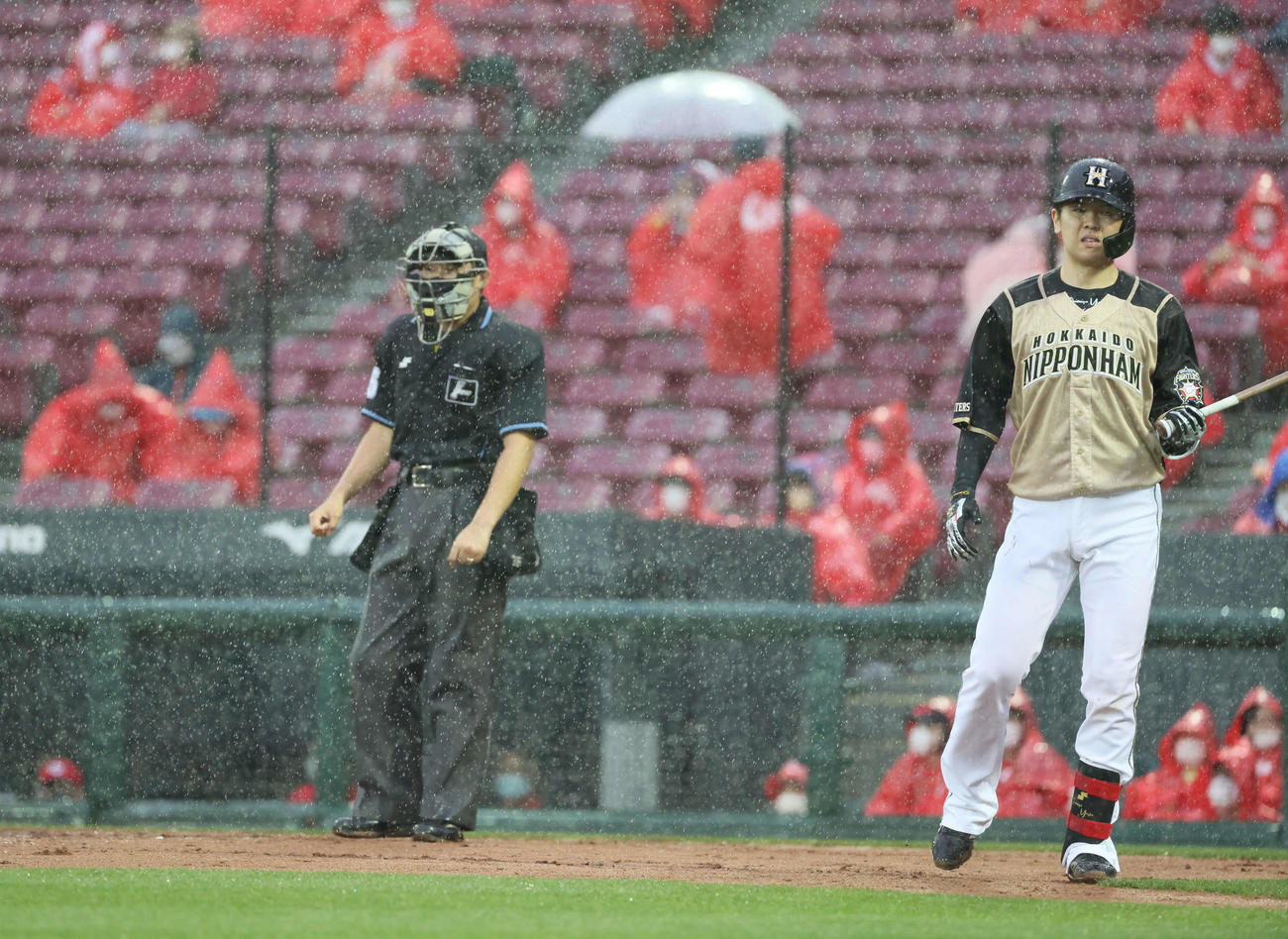 広島対日本ハム　2回表日本ハム無死一、二塁、打者清水の時に降雨のため試合が中断する（撮影・加藤孝規）