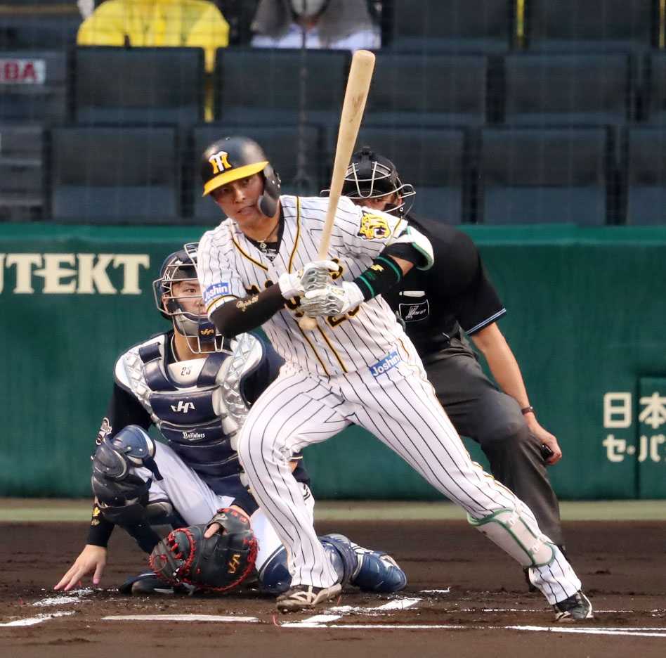 阪神対オリックス　1回裏阪神1死、北條史也は左前打を放つ（撮影・加藤哉）