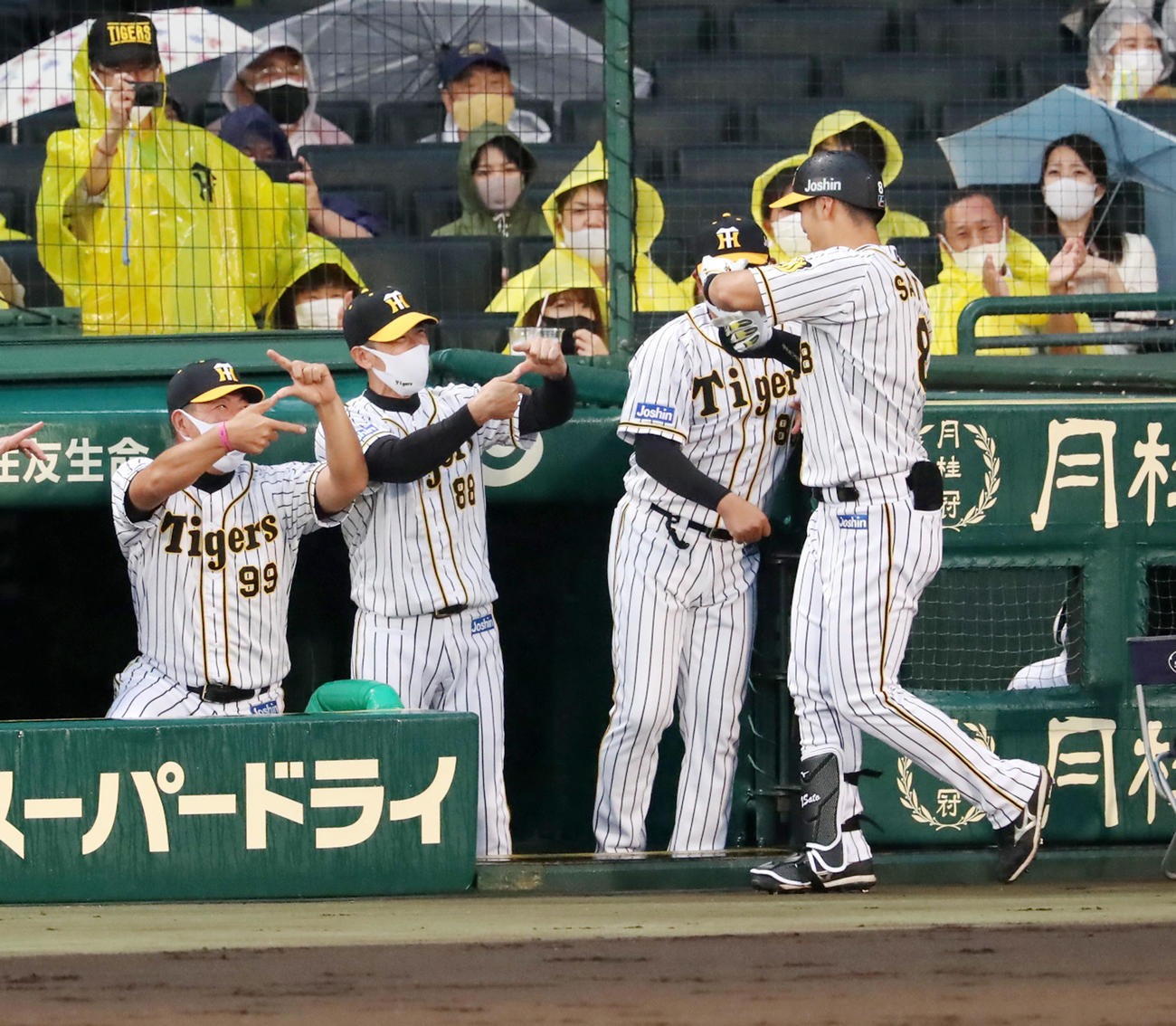 阪神対オリックス　2回裏阪神無死、矢野監督（左から2人目）は井上ヘッドコーチ（左）と練習した「Zポーズ」で、本塁打を放った佐藤輝を迎える（撮影・加藤哉）