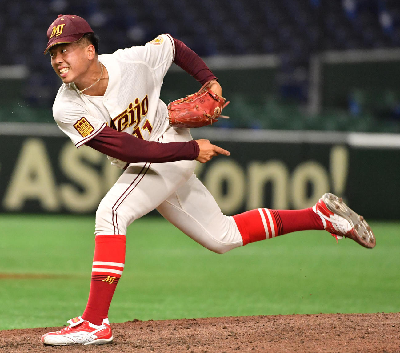 名城大対佛教大　6回から登板した名城大・松本は9回まで無失点に抑えた（撮影・柴田隆二）