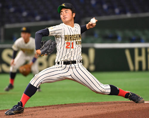 福岡大対広島経大 先発した広島経大・石本(撮影・柴田隆二)