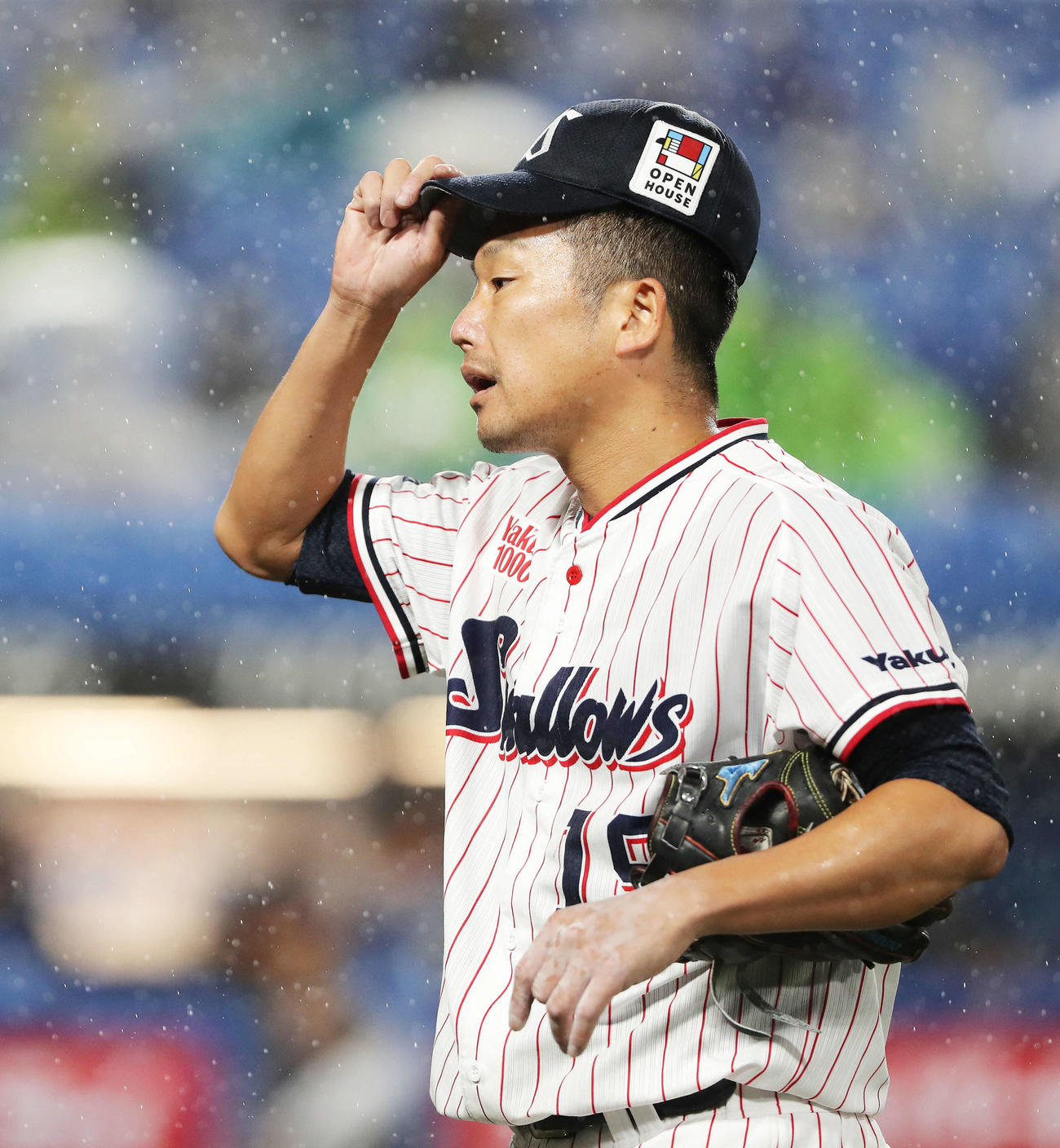 ヤクルト対西武　5回表を抑え、雨が強まる中ベンチに戻る石川（撮影・河田真司）