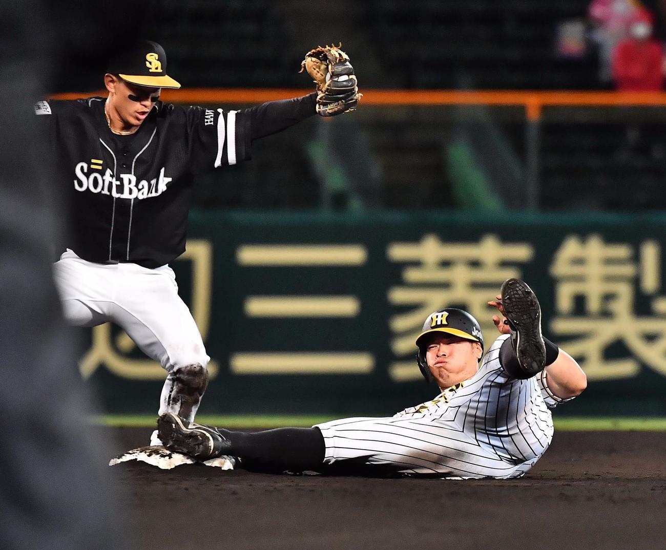 阪神対ソフトバンク　6回裏阪神2死一塁、二盗に成功する佐藤輝（撮影・上田博志）