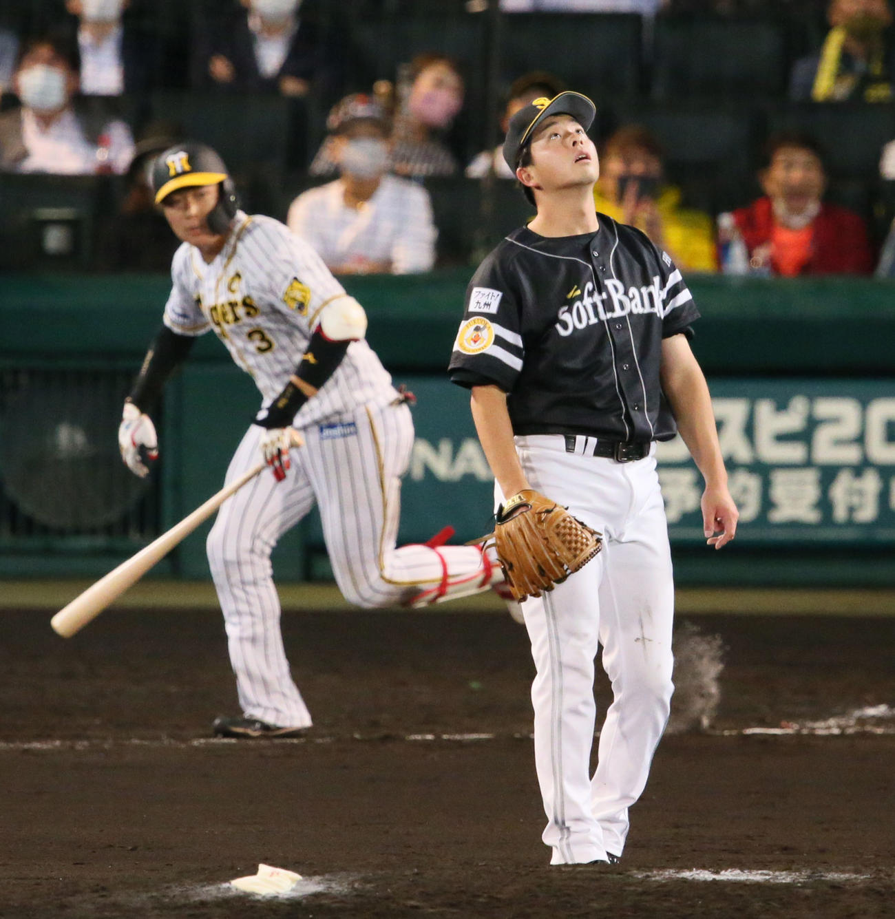 阪神対ソフトバンク　8回裏阪神1死、大関（手前）は大山に左越え本塁打を打たれ、打球を見つめる（撮影・上山淳一）