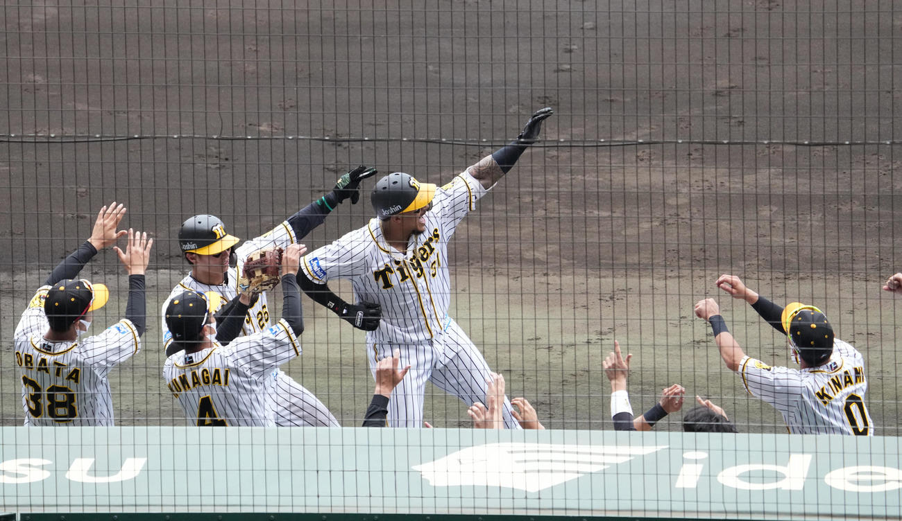 阪神対ソフトバンク　3回裏阪神1死一塁、左越え先制2点本塁打を放ち生還するマルテ（撮影・清水貴仁）