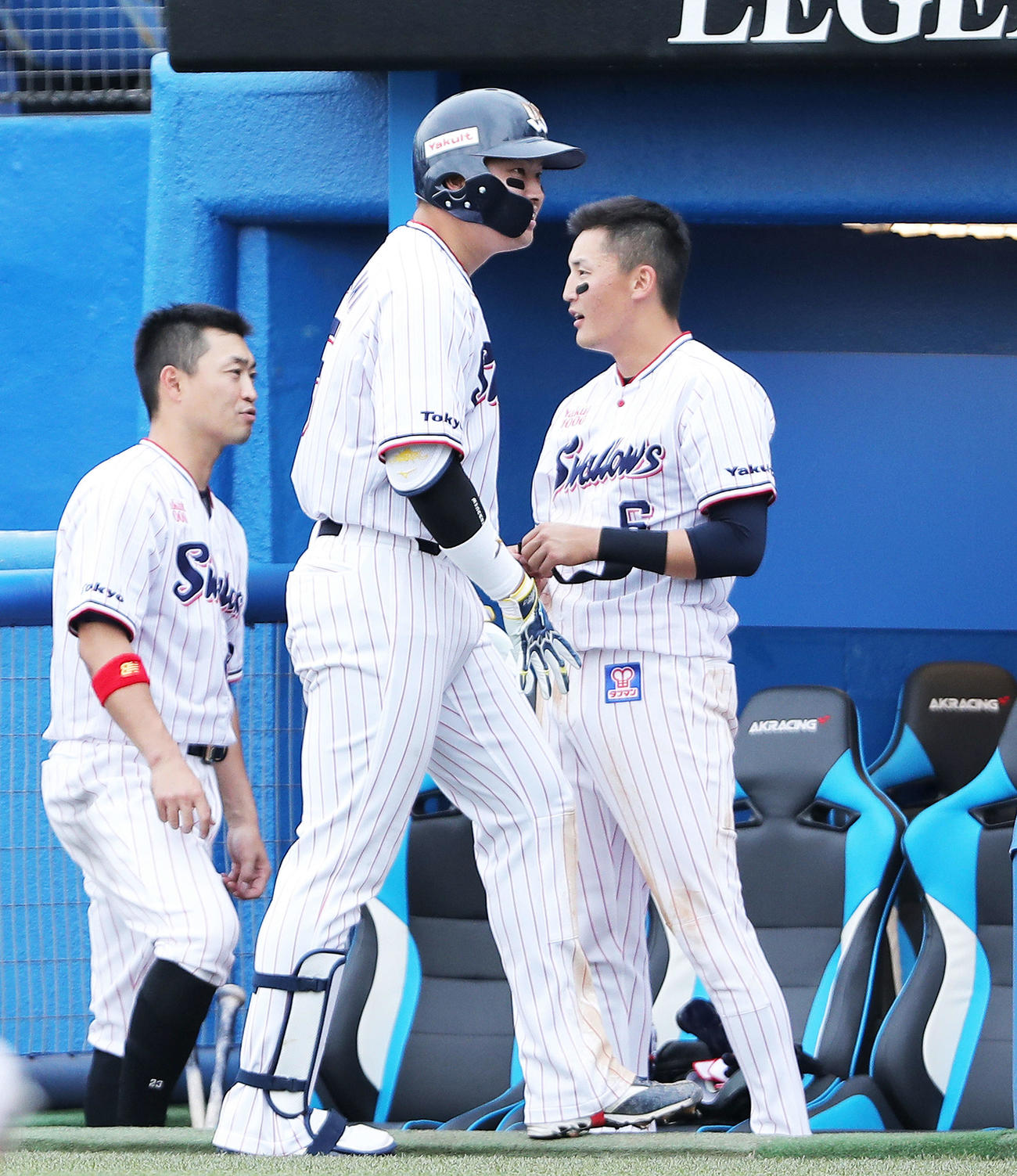 ヤクルト対西武　6回裏ヤクルト無死、中越えソロ本塁打で生還しナインに迎えられる村上。左は青木、右は元山（撮影・河田真司）