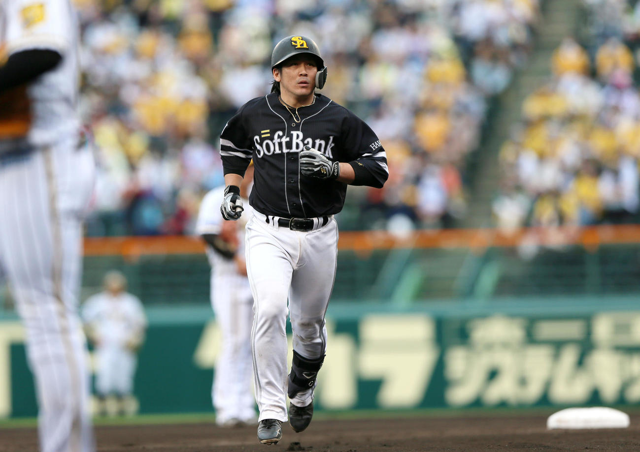 阪神対ソフトバンク　6回表ソフトバンク2死三塁、甲斐拓也は左越え本塁打を放ちベースランする（撮影・上山淳一）