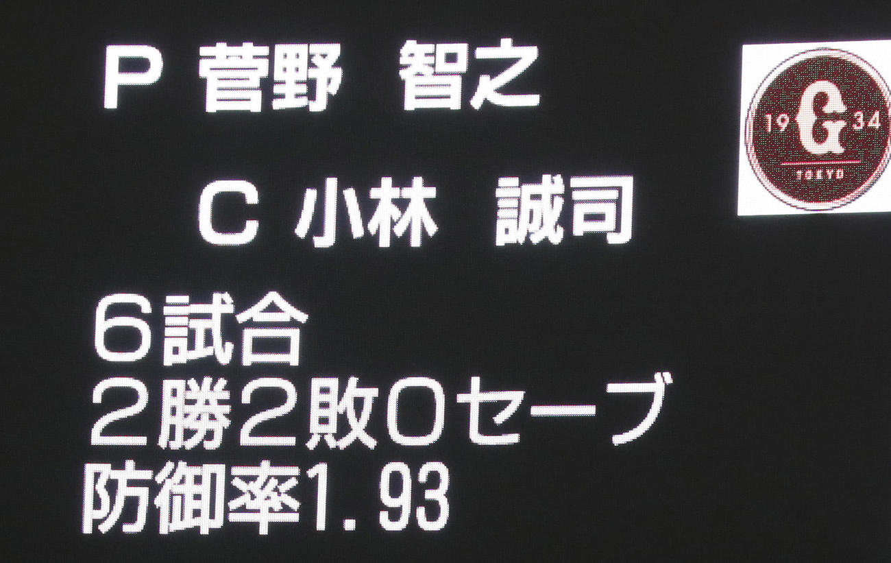 試合前、巨人のバッテリーに菅野と小林が紹介される（撮影・足立雅史）
