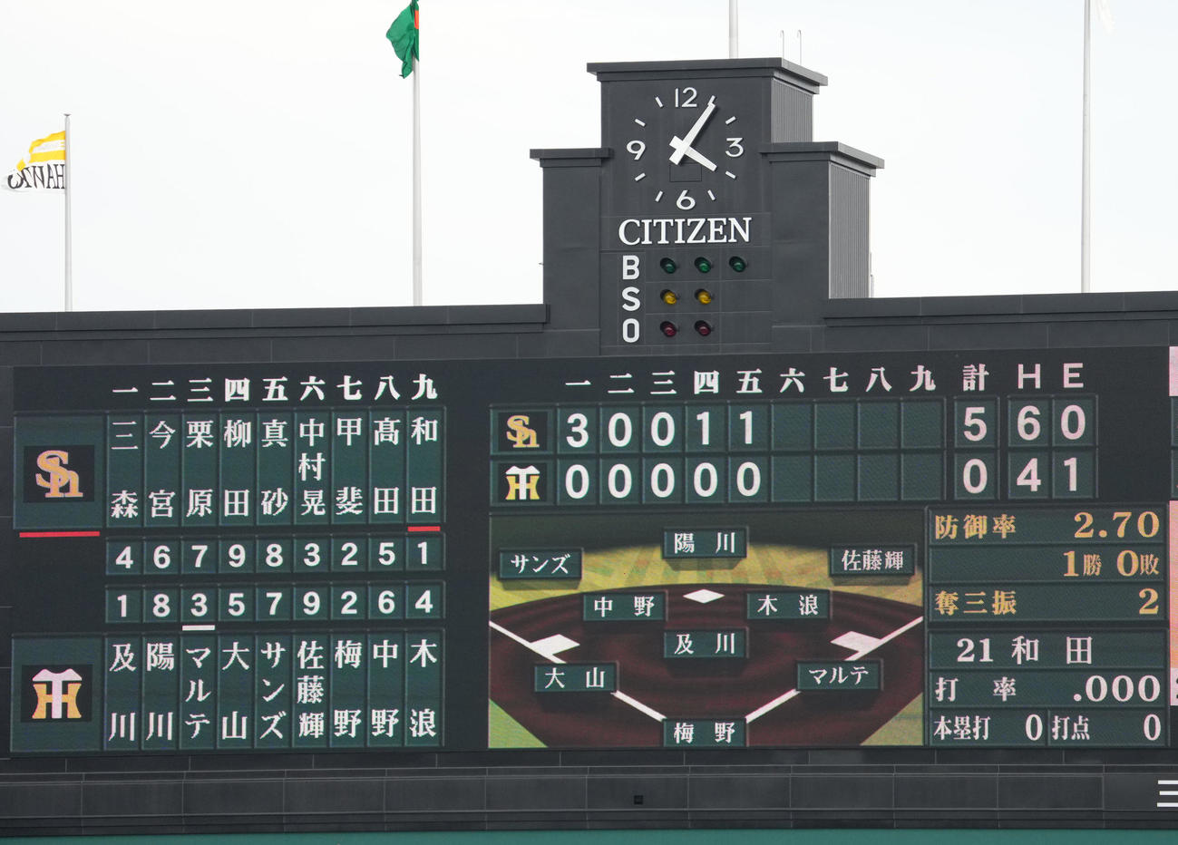 阪神対ソフトバンク　6回の守備から中堅近本がベンチに下がり、陽川が守備につく（撮影・清水貴仁）