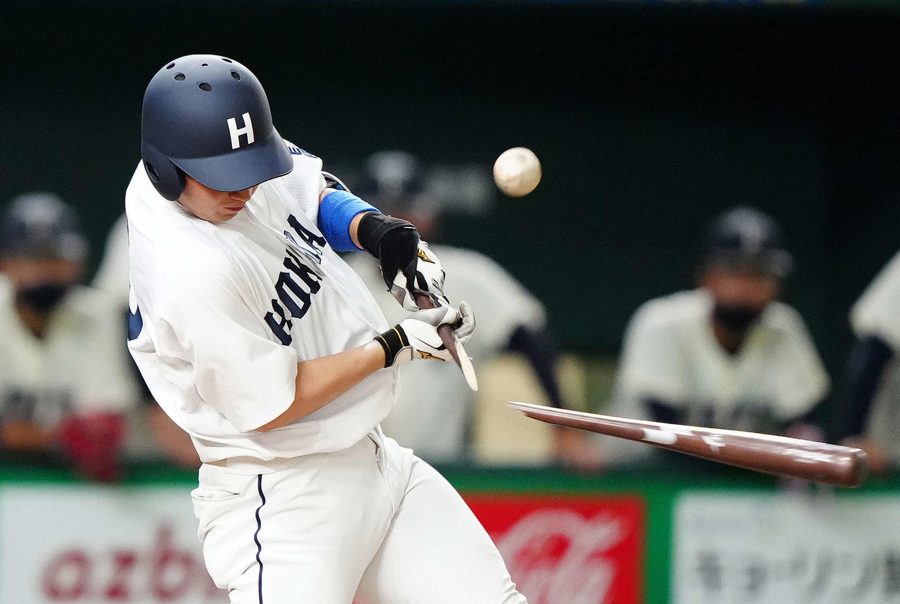 北海学園大対福井工大　6回表北海学園大2死、バットが折れ、投飛に倒れる成田智（撮影・江口和貴）