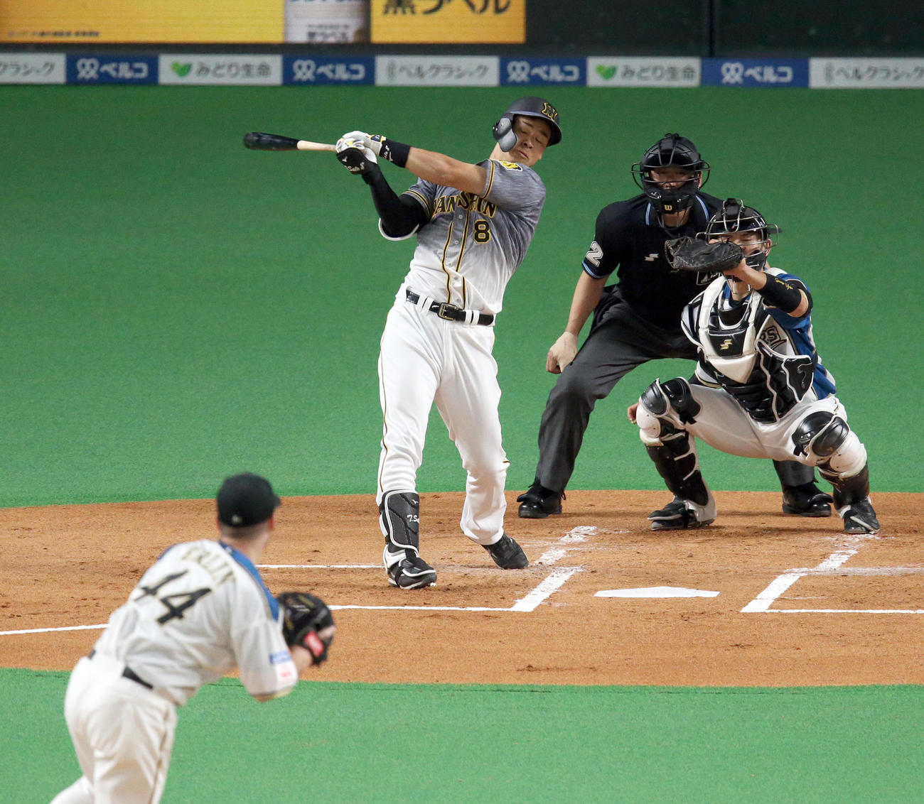 日本ハム対阪神　2回表阪神1死、佐藤輝は三振に終わる。投手は日本ハム・アーリン（撮影・佐藤翔太）