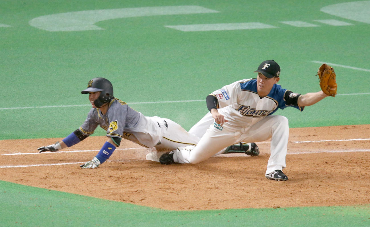 日本ハム対阪神　9回表阪神1死、梅野は遊内野安打を放ち頭から一塁に滑り込む（撮影・佐藤翔太）