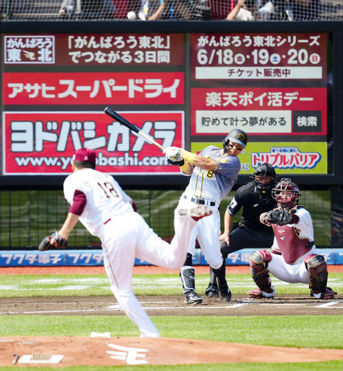 楽天対阪神　2回表阪神1死、中飛に倒れる佐藤輝。投手田中将（撮影・江口和貴）