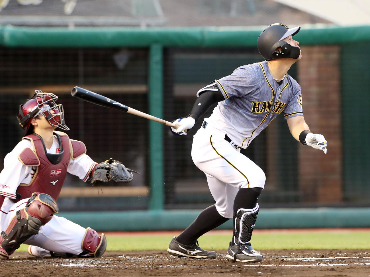 楽天対阪神　2回表阪神1死、佐藤輝は左飛を打ち上げる（撮影・加藤哉）