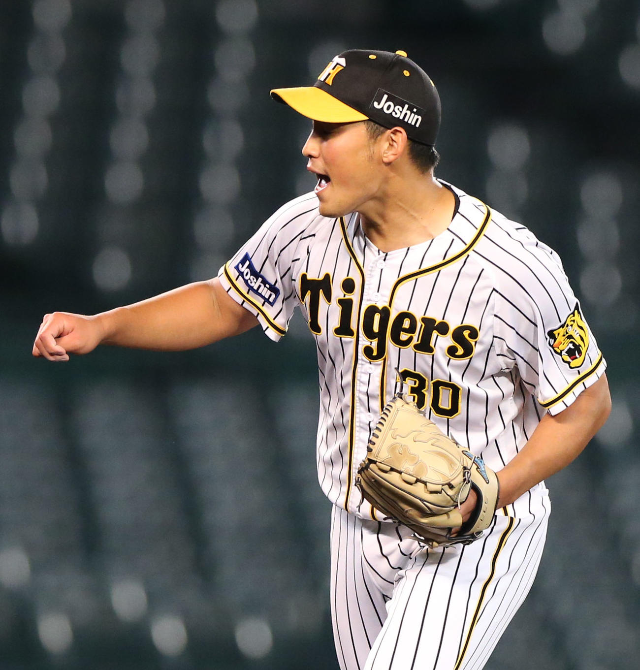 阪神対ソフトバンク　6回裏阪神2死、佐藤蓮は井上から三振を奪い雄たけびをあげる（撮影・上山淳一）
