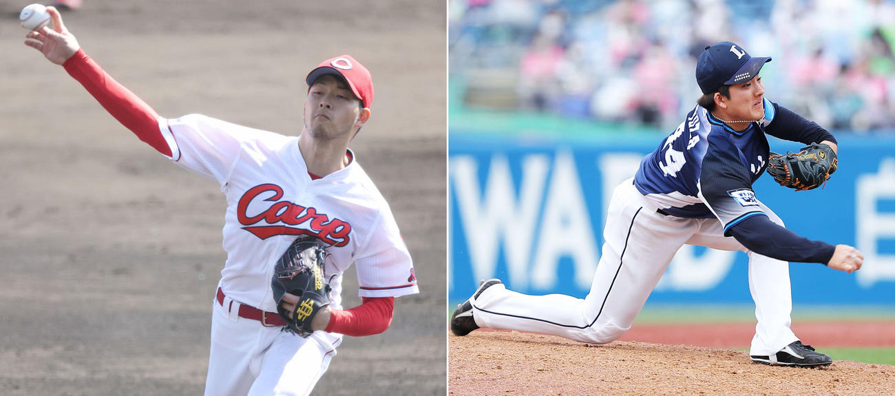 広島薮田和樹（左）、西武与座海人