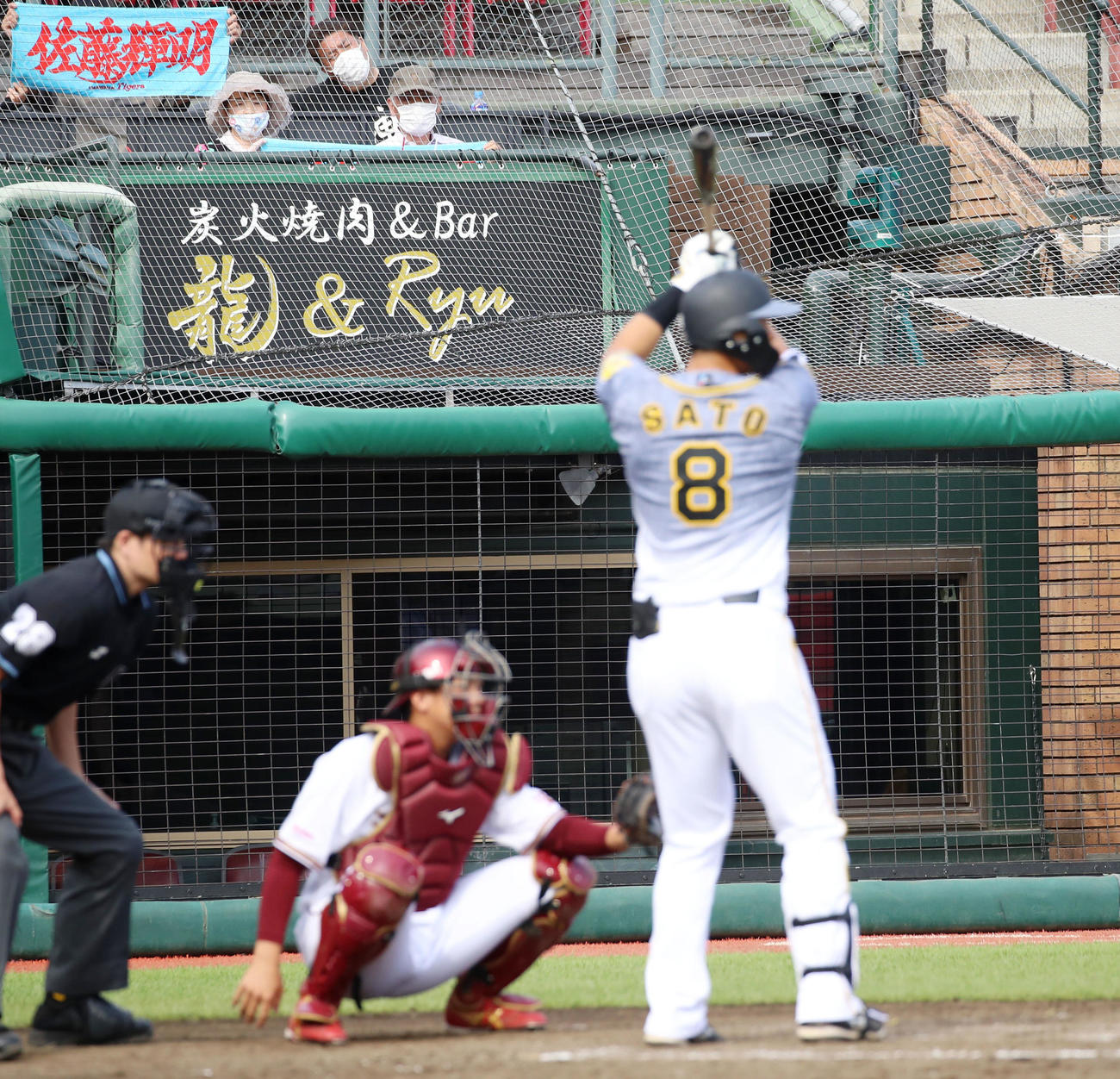 楽天対阪神　8回表阪神1死、打席の佐藤輝をスタンドから見つめる祖父・勲さん（右）と祖母・美智恵さん（撮影・加藤哉）