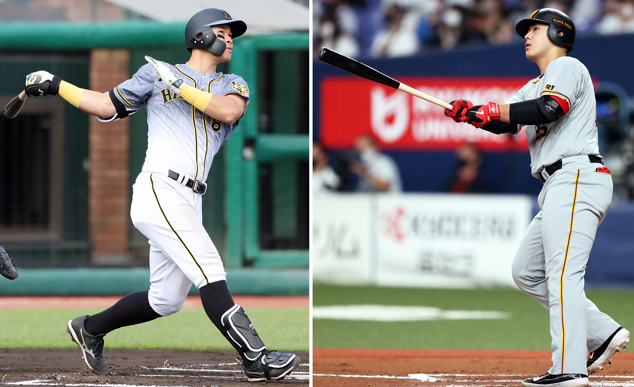 阪神佐藤輝明（左）、巨人岡本和真