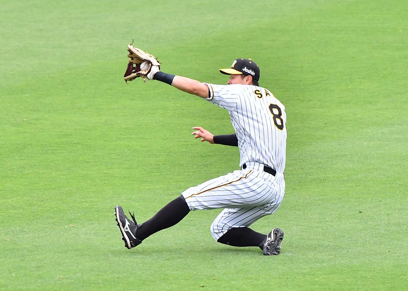 阪神対巨人　1回表巨人2死一、二塁、中島宏之の右飛を好捕する佐藤輝（撮影・上田博志）