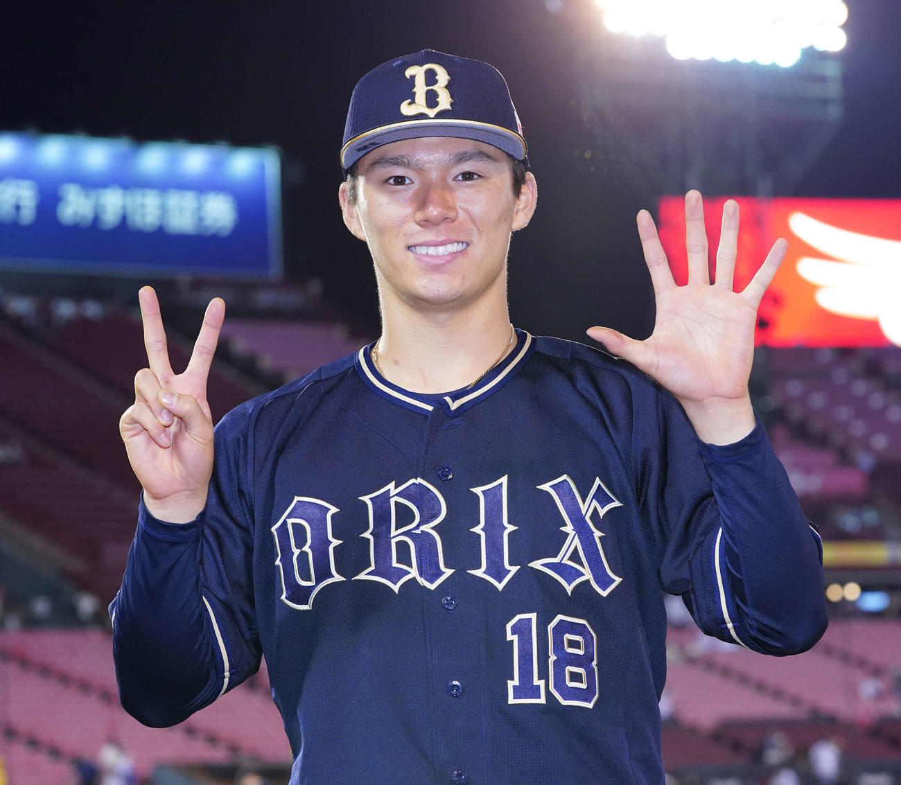 楽天戦で今季7勝目を挙げたオリックス山本は、7とポーズをとる（撮影・菅敏）
