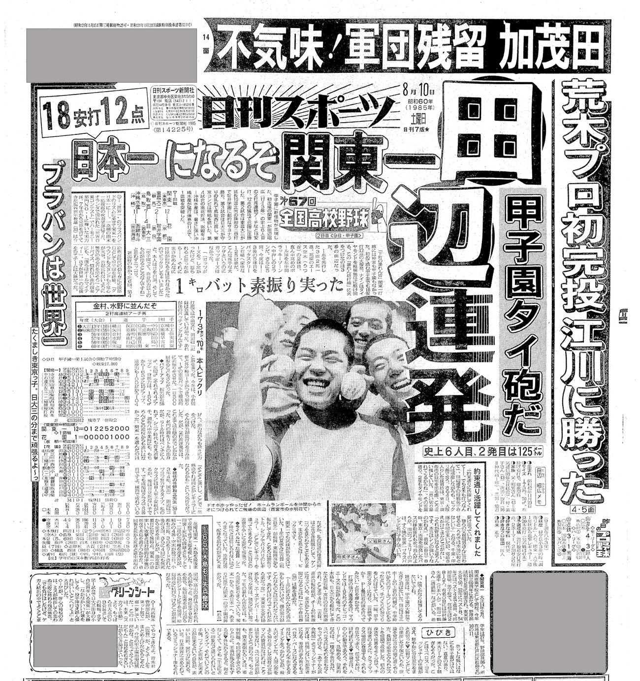 1985年８月10日付、日刊スポーツ紙面