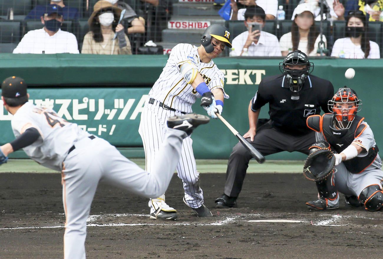 6回裏阪神2死、佐藤輝は左越え本塁打を放つ（撮影・上山淳一）