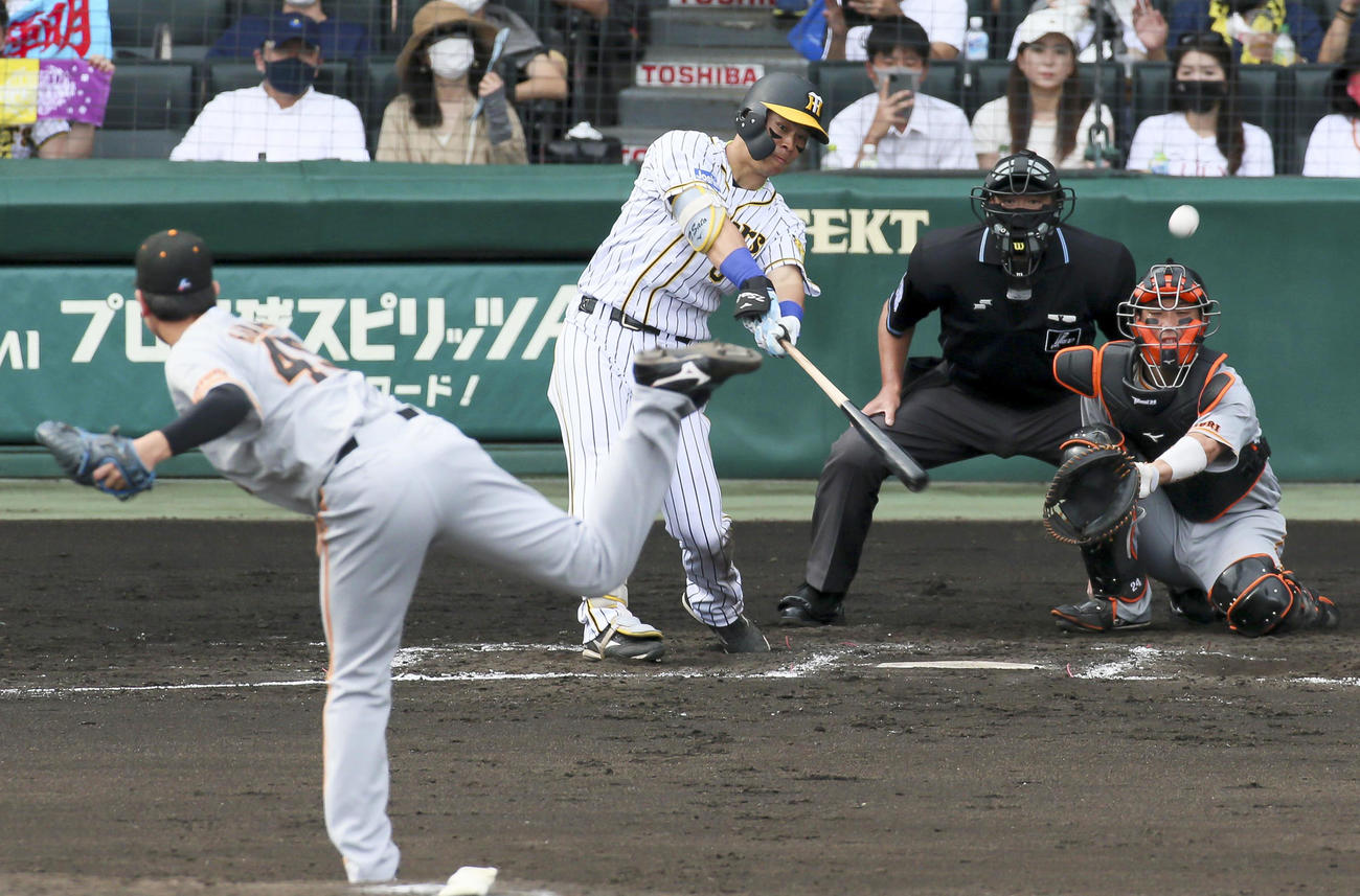 阪神対巨人12回戦　6回裏阪神2死、佐藤輝明は左越え本塁打を放つ（撮影・上山淳一）