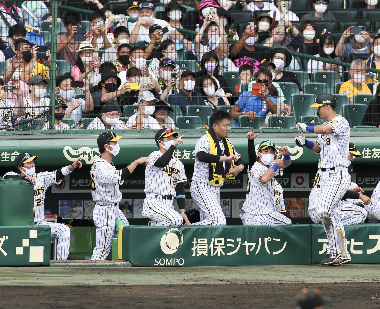 阪神対巨人　6回裏阪神2死、左越え本塁打を放った佐藤輝（手前）を「Zポーズ」で迎えるナインら（撮影・上山淳一）