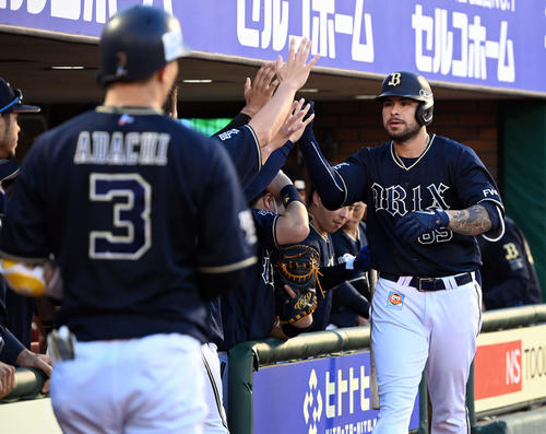 楽天対オリックス　3回表オリックス1死、ソロ本塁打を放ちナインとハイタッチするロメロ（撮影・たえ見朱実）