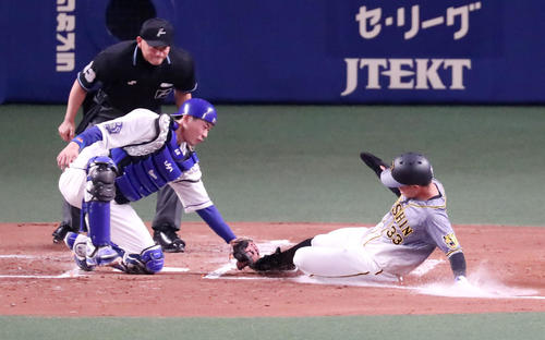中日対阪神　2回表阪神2死一、二塁、二塁走者糸原は近本の右前打で本塁突入も憤死。捕手は桂（撮影・加藤哉）