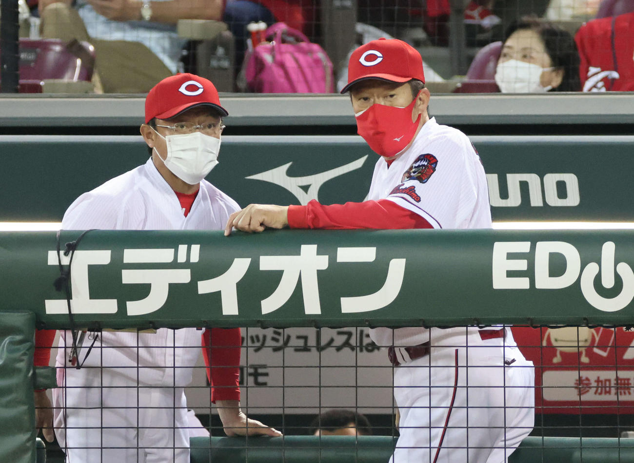プロ野球広島対ヤクルト　6回裏広島、佐々岡真司監督（右）と河田雄祐ヘッドコーチ（左）（撮影・加藤孝規）