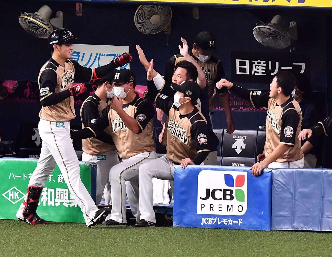 オリックス対日本ハム　4回表日本ハム無死、左越えソロ本塁打を放った野村（左）をベンチで出迎えるナイン（撮影・上田博志）