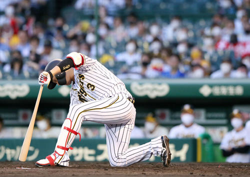 阪神対DeNA 4回裏阪神2死一塁、大山は空振り三振に終わる（撮影・上山淳一）