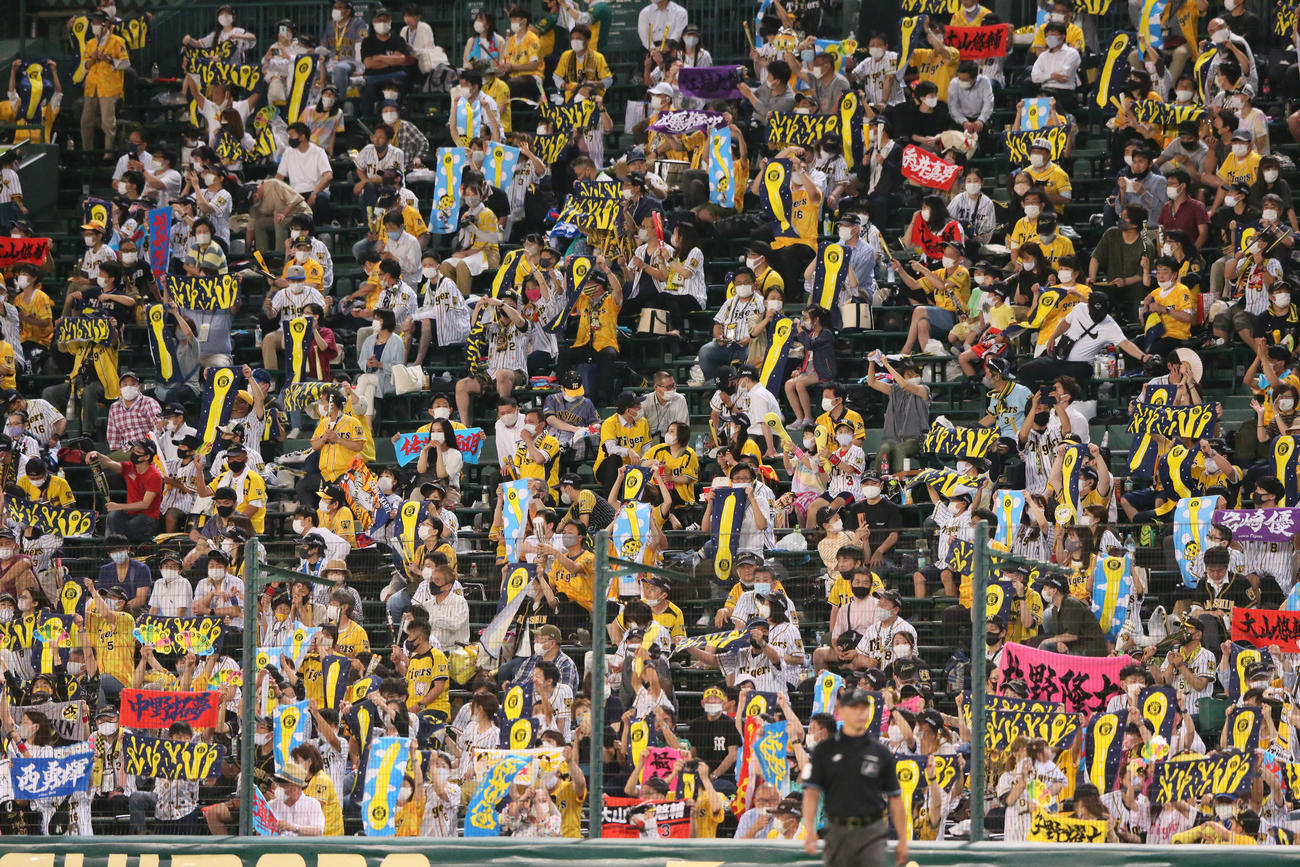 阪神対DeNA　ジェット風船タオルを持って盛り上がる阪神ファン（撮影・上山淳一）