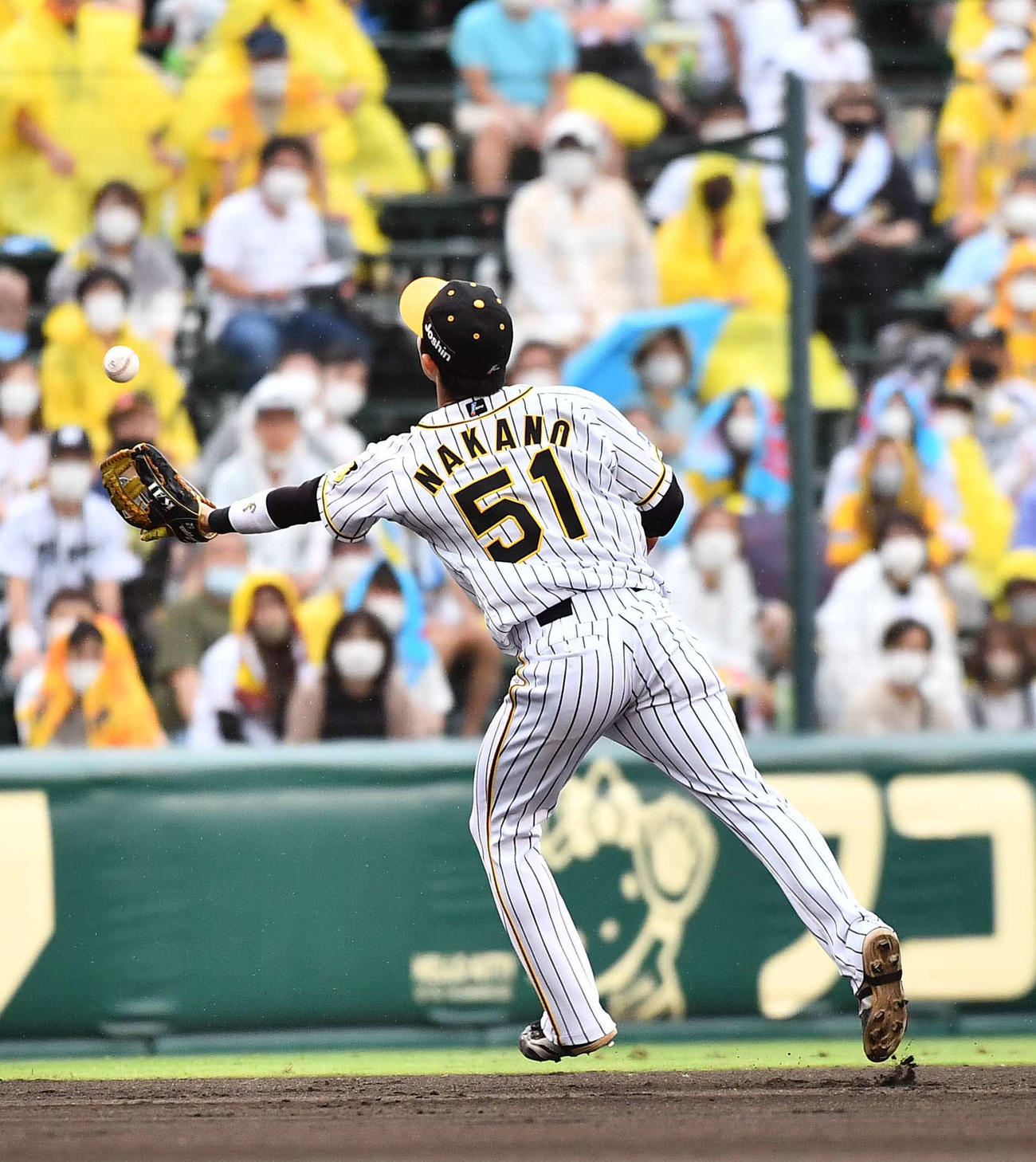 阪神対DeNA 8回表DeNA無死、宮崎敏郎の打球をグラブではじく中野（撮影・上田博志）