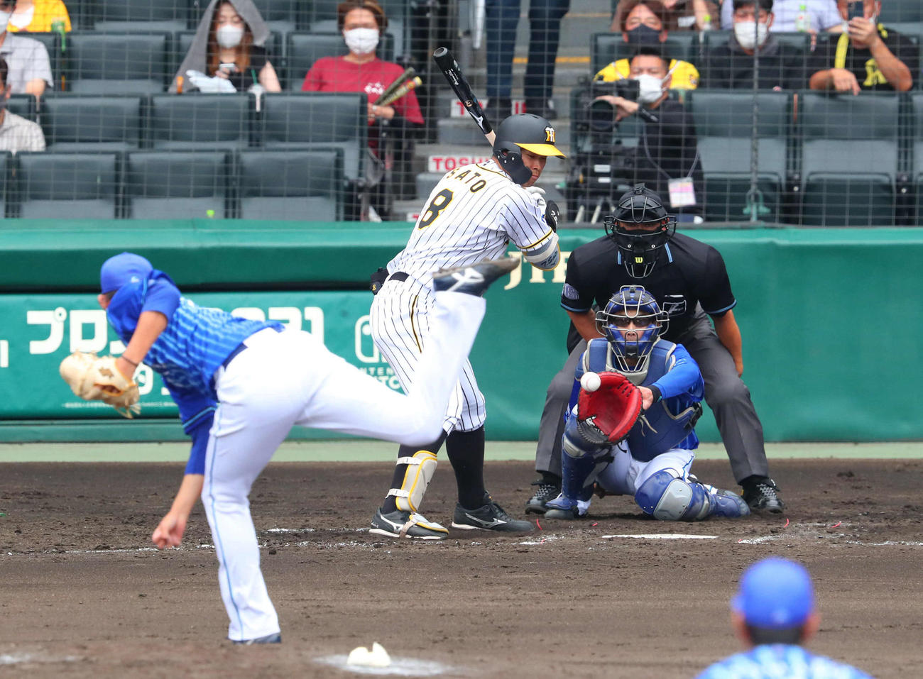 阪神対DeNA 4回裏阪神1死、佐藤輝は見逃し三振に倒れる（撮影・宮崎幸一）