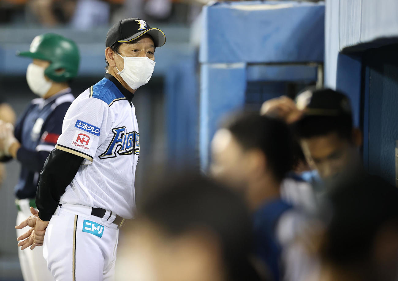 日本ハム対ロッテ　考え込みながらベンチを見渡す日本ハム栗山監督（撮影・垰建太）