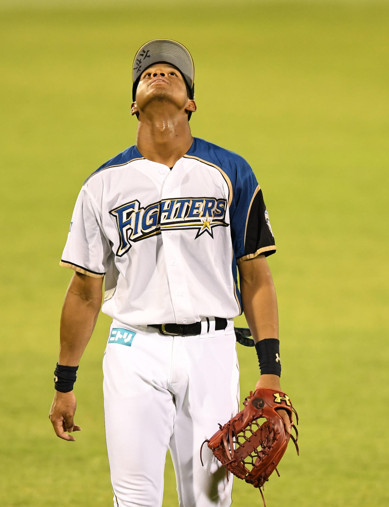 日本ハム対ロッテ　5回表ロッテ1死一、三塁、中村奨の中犠飛を本塁へ悪送球し悔しげに空を見つめる万波（撮影・横山健太）